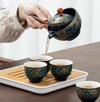 Преносим изящен камък с форма на смилане Чайник Ръчно изработен комплект чаши за чайник Китайска чаена церемония Подарък Кунг-фу чаша за чай Чаена чаша Уникален