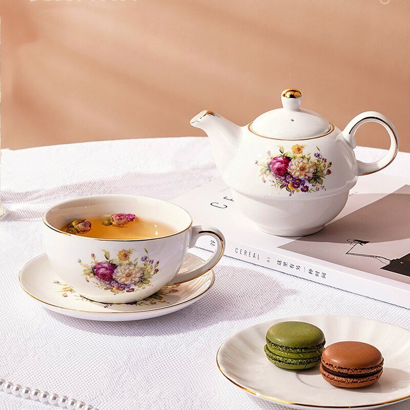 Kerámia teáskészletek 1 személyes porcelán kávés teáskészlet Réteges teáskanna csészealj Brit délutáni tea Otthoni ivóeszközök