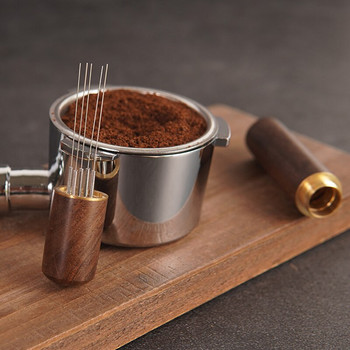 Игла от неръждаема стомана Набивка за кафе Еспресо Бъркалка за кафе Разпределител Дървена дръжка с 5 игли Инструменти за изравняване на кафе на прах