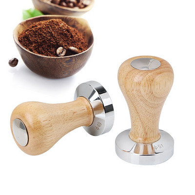Rozsdamentes acél kávé szabotázs fa fogantyúval 58mm 51mm kávéporkalapács lapos eszpresszó szabotázs Barista szerszámok