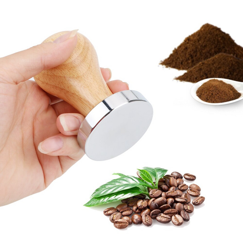 Rozsdamentes acél kávé szabotázs fa fogantyúval 58mm 51mm kávéporkalapács lapos eszpresszó szabotázs Barista szerszámok