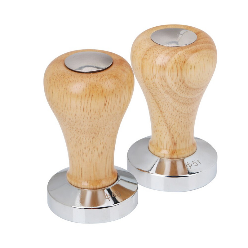 Rozsdamentes acél kávé szabotázs fa fogantyúval 58mm 51mm kávéporkalapács lapos eszpresszó szabotázs Barista szerszámok