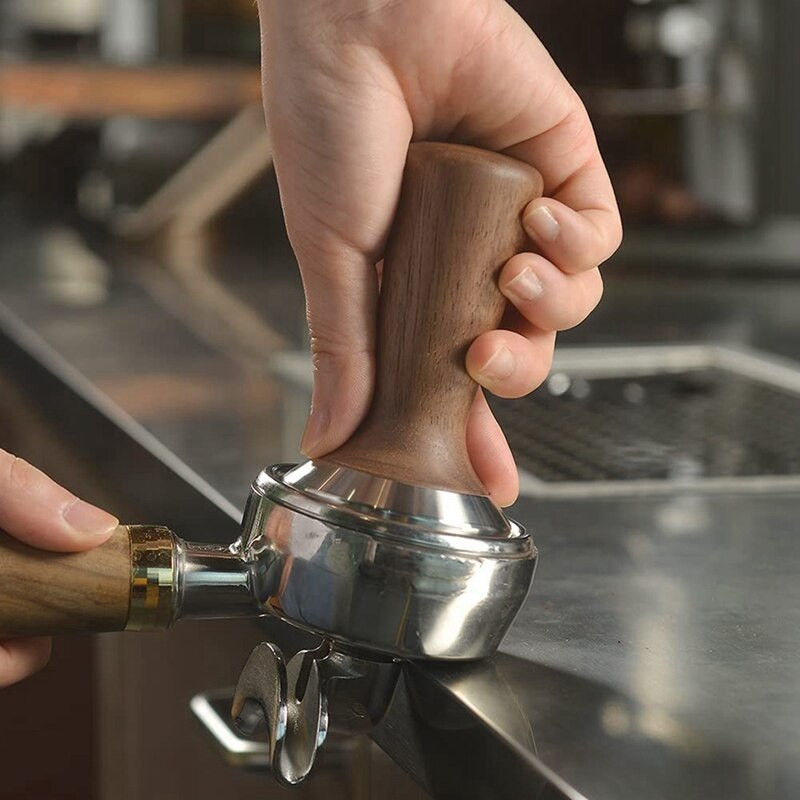Kávé szabotázs fa kávé espresso fogantyú döngölő rozsdamentes acél Barista prés portaszűrő 58mm
