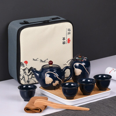 Relief Lotus Art teáscsésze Kung Fu teáskészlet ajándék háztartási hordozható kerámia tea Caddy ajándék 1 edény 4 csésze teáskészlet, utazási teáskészlet