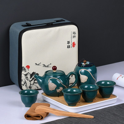 Relief Lotus Art teáscsésze Kung Fu teáskészlet ajándék háztartási hordozható kerámia tea Caddy ajándék 1 edény 4 csésze teáskészlet, utazási teáskészlet
