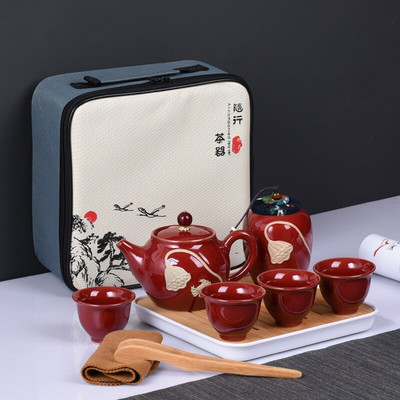 Relief Lotus Art teáscsésze Kung Fu teáskészlet ajándék háztartási hordozható kerámia tea Caddy ajándék 1 edény 4 csésze teáskészlet, utazási teáskészlet