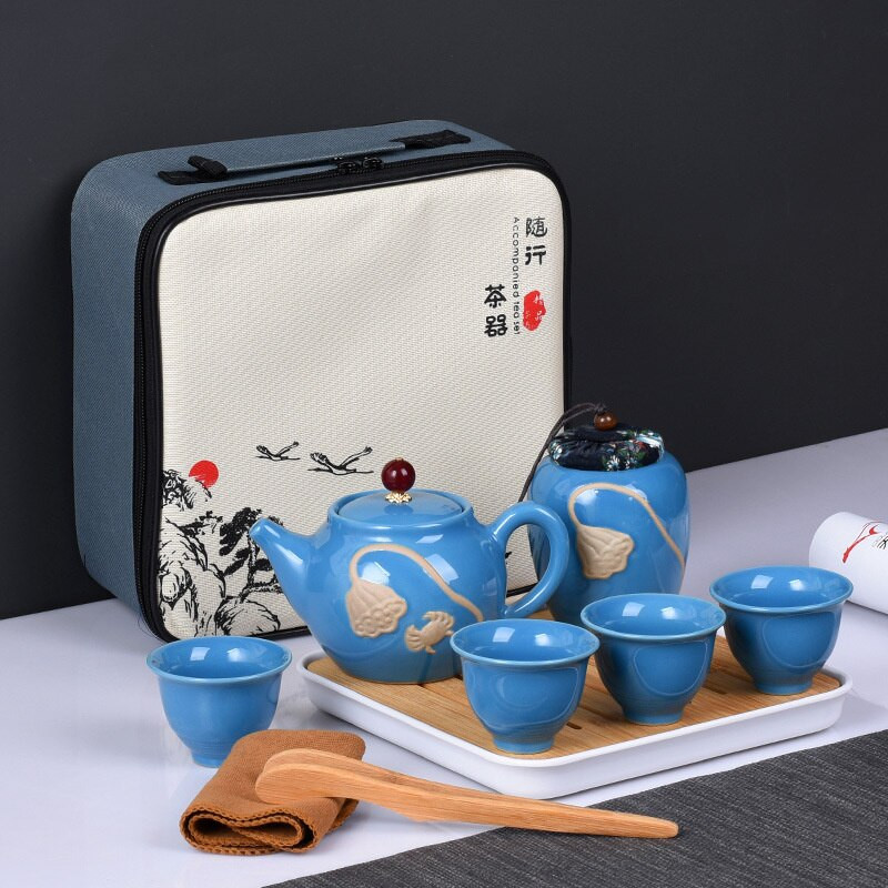 Relief Lotus Art teáscsésze Kung Fu teáskészlet ajándék háztartási hordozható kerámia tea Caddy ajándék 1 edény 4 csésze teáskészlet, utazási teáskészlet