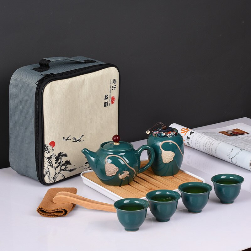 Relief Lotus Art teáscsésze Kung Fu teáskészlet ajándék háztartási hordozható kerámia tea Caddy ajándék 1 edény 4 csésze teáskészlet, utazási teáskészlet