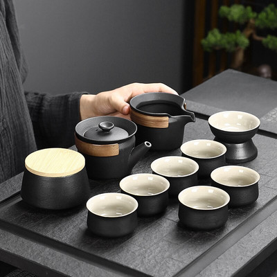 Японски стил Черна керамика Beam Teapot Чаен комплект Една тенджера Шест чаши с торбичка Kungfu Home Tea Set Офис Пътуване Чайни прибори 10 бр./компл.