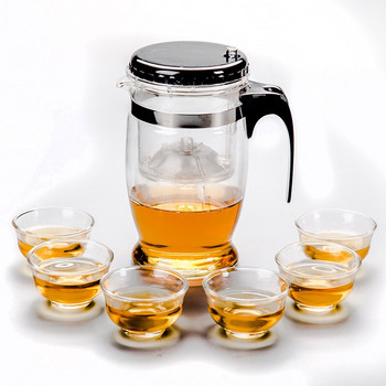 Висококачествена топлоустойчива стъклена кана за чай Филтър за настойка за чай Чайник Кунг-фу Чай с цвете Чайник с бутон за натискане Шест комплекта чаени чаши
