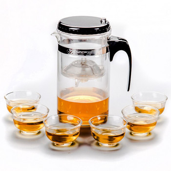 Висококачествена топлоустойчива стъклена кана за чай Филтър за настойка за чай Чайник Кунг-фу Чай с цвете Чайник с бутон за натискане Шест комплекта чаени чаши