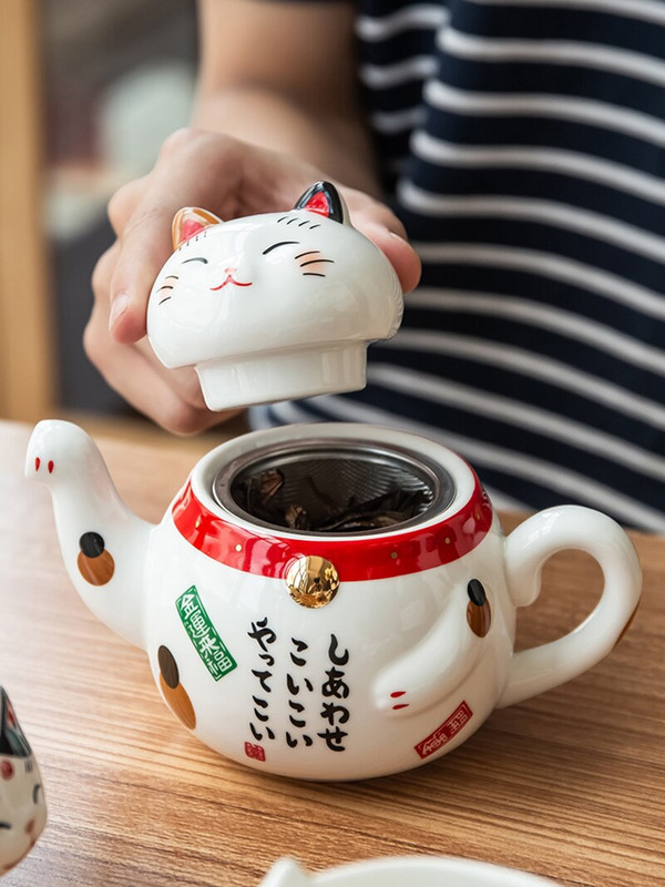 Kreatív aranyos Lucky Cat porcelán teáskészlet Cartoon kerámia teáskanna szűrővel Lovely Plutus Cat teáskanna bögre teásedény