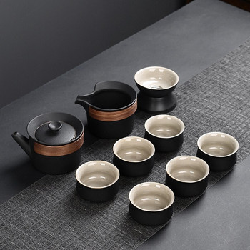 Японски стил Черна керамика Beam Teapot Чаен комплект Една тенджера Шест чаши с торбичка Kungfu Home Tea Set Офис Пътуване Чайни прибори 10 бр./компл.