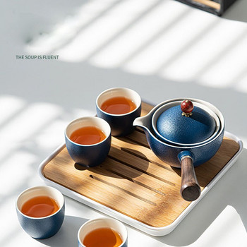 Керамичен сервиз за чай Gongfu Kung Fu Чаша Филтър Чайник с дървена дръжка Странична дръжка Автоматично въртяща се тенджера Пътуване На открито Чайник