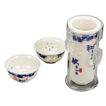 Бяла керамика Стъкло със син модел Висока чаша Quik Сервиз за чай 2 чаени чаши Чайник Порцелан Семеен офис Пътуване KungFu Чаен сервиз