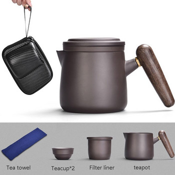 Сервиз за чай с лилав пясък, черен/червен, керамичен комплект за японска чаша за чай, преносим чайник за пътуване Кунг-фу чаша за чай, 1 саксия 2 чаши Gaiwan