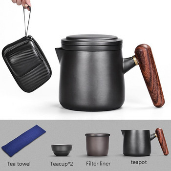 Сервиз за чай с лилав пясък, черен/червен, керамичен комплект за японска чаша за чай, преносим чайник за пътуване Кунг-фу чаша за чай, 1 саксия 2 чаши Gaiwan