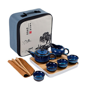 Сервиз за чай в японски стил Комплекти прибори за чай Сини керамични чаши за чай Бизнес подарък Преносим китайски чайник за кунг-фу