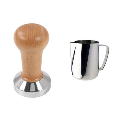 Kávészabotázs fa fogantyús Barista eszpresszógép 51mm és 350ml rozsdamentes acél habosító kancsó húzható virágpohár