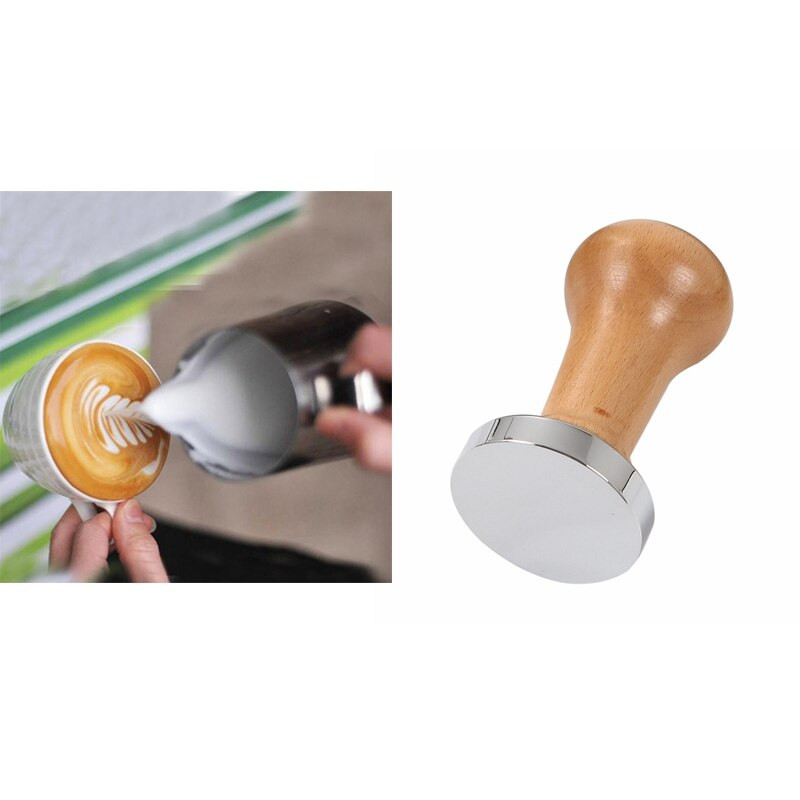 Kávészabotázs fa fogantyús Barista eszpresszógép 51mm és 350ml rozsdamentes acél habosító kancsó húzható virágpohár