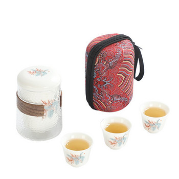 Комплект от 4 части Комплект за чай Kung Fu 1 чайник 3 чаши Стъклен чайник Керамична чаша за бързо изключване Чанта за носене на открито Чайник за пътуване