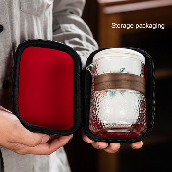 Комплект от 4 части Комплект за чай Kung Fu 1 чайник 3 чаши Стъклен чайник Керамична чаша за бързо изключване Чанта за носене на открито Чайник за пътуване