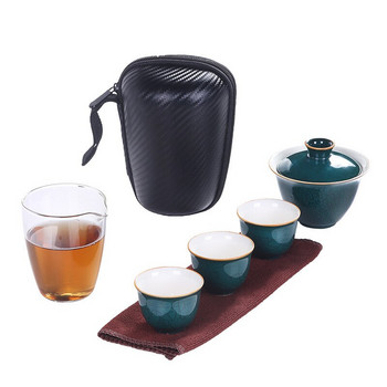 Нова керамична тенджера с три чаши, преносима с чанта, сервиз за чай Кунг-фу за пътуване, външна проста преносима тенджера за чай, многоцветни прибори за чай, подарък