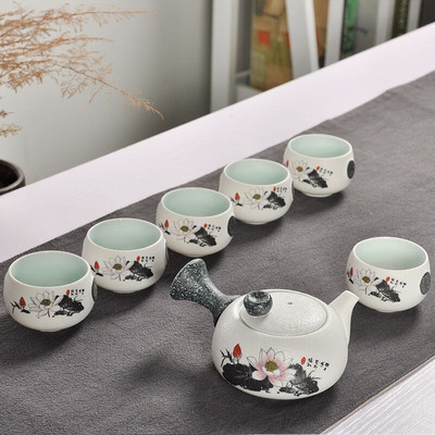Set de ceai cu păsări brodate drăguț, 7 bucăți, set de ceaiuri creativ Kung Ku, ceainic, stil japonez, vase de ceai groase din ceramică ca cadouri