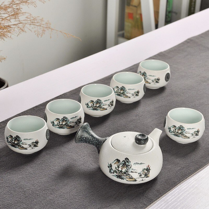 Set de ceai cu păsări brodate drăguț, 7 bucăți, set de ceaiuri creativ Kung Ku, ceainic, stil japonez, vase de ceai groase din ceramică ca cadouri