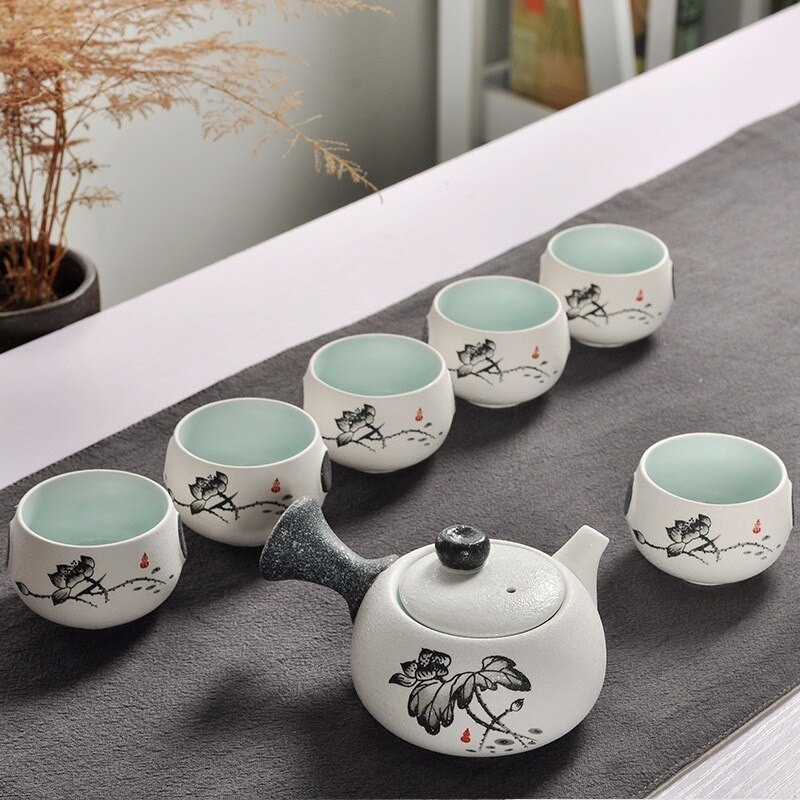 Set de ceai cu păsări brodate drăguț, 7 bucăți, set de ceaiuri creativ Kung Ku, ceainic, stil japonez, vase de ceai groase din ceramică ca cadouri