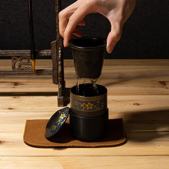 Сервизи за чай от черна керамика В ретро стил Саксия за чай с цветя и чаша за чай Прибори за чай Офис Преносим Пътуване на открито KungFu Quik Teaset