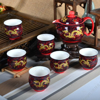 Китайски керамичен сервиз за чай Kung Fu Порцеланова чаша за чай Комплект саксии Dragon Teapot Teacup Kungfu Teaset Puer Oolong Tea Ceremony Teaware