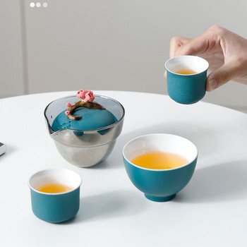 Преносим чайник за открито Подарък Ръчно омесени цветя Арт Стъклен комплект за чай за пътуване Керамичен кунг-фу чайник с филтър Чаша за чай 1 тенджера 3 чаши