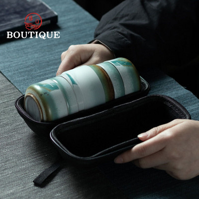 Creative Travel Tea Set Retro Crude Pottery Silver Spot Glaze Portable Outdoor Blue and White 1 Pot 4 Cups Gifts Чай Сервиз Чай