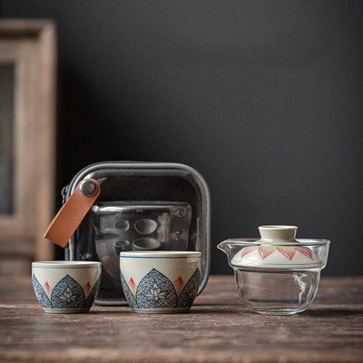 Hordozható teáscsésze tároló utazási kültéri kis készlet Retro kék-fehér teáskészlet gyors vásárlói csésze Kung Fu teafőző fedőtál