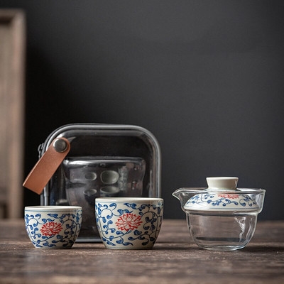 Hordozható teáscsésze tároló utazási kültéri kis készlet Retro kék-fehér teáskészlet gyors vásárlói csésze Kung Fu teafőző fedőtál
