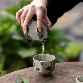 Grass Ash Lucky Tiger Glass Пътуващ сервиз за чай с осмоъгълна форма Външен преносим керамичен комплект за бърза чаша, една тенджера, две чаши, комплект за чай Kung Fu