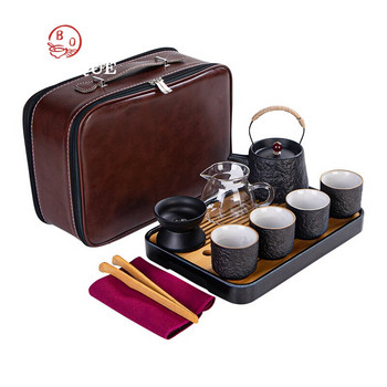 Ретро черен сервиз за чай за пътуване Китайски ръчно изработен чайник Удобен кунг-фу прибори за чай Керамика Повдигаща греда Саксия Керамична чаша за чай Подарък Добър