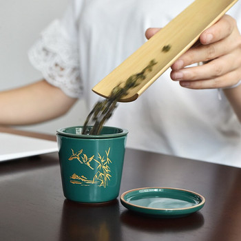 90 мл креативна керамична чаша за кафе с бамбуков модел с капак Ръчно изработени чаши за кафе, чай, мляко, овесени ядки, портативен комплект за чай с торбички