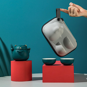 Керамичен чайник с 2 чаши Преносими комплекти за чай за пътуване със сладка котка