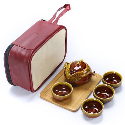 Kinų Kungfu arbatos rinkinys su porcelianiniais arbatinuko arbatinukais, bambuko arbatos padėklu, nešiojamas