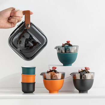 Керамичен кунг-фу чайник с ръчно омесени цветя с филтърна чаша Стъклен сервиз за чай за пътуване 1 тенджера 3 чаши Преносим чайник за открито Подарък