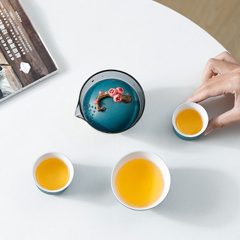 Керамичен кунг-фу чайник с ръчно омесени цветя с филтърна чаша Стъклен сервиз за чай за пътуване 1 тенджера 3 чаши Преносим чайник за открито Подарък