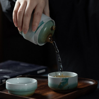Преносим синьо и бяло на открито 1 тенджера 4 чаши Подаръци Ретро груба керамика Сребърна петна Глазура Creative Travel Чаен Сервиз Чаен Сервиз Чай