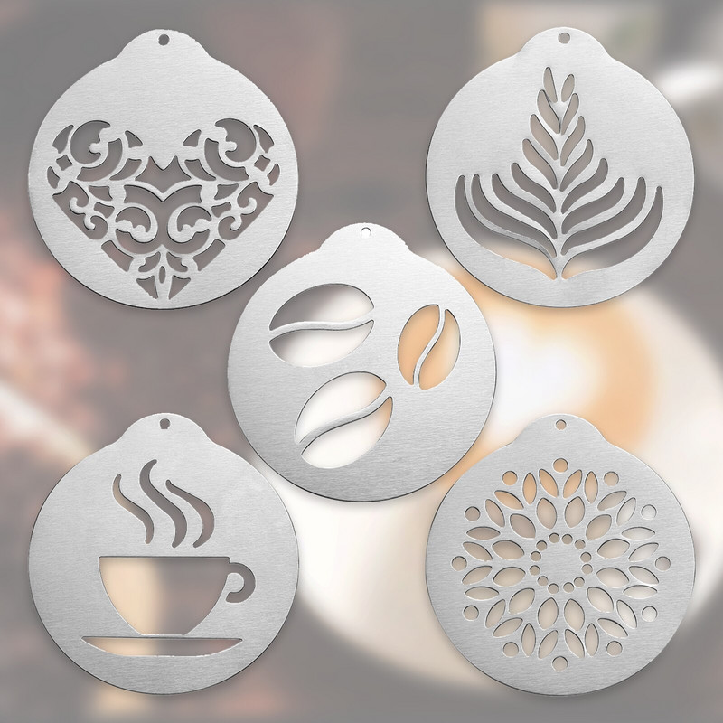 5 vnt. nerūdijančio plieno kavos trafaretai, Latte Art kavos girliandos formos asmeninis trafaretas kavos pyragui dekoruoti