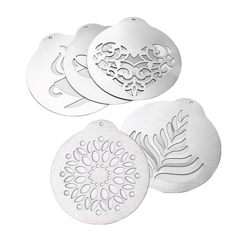 5 vnt. nerūdijančio plieno kavos trafaretai, Latte Art kavos girliandos formos asmeninis trafaretas kavos pyragui dekoruoti