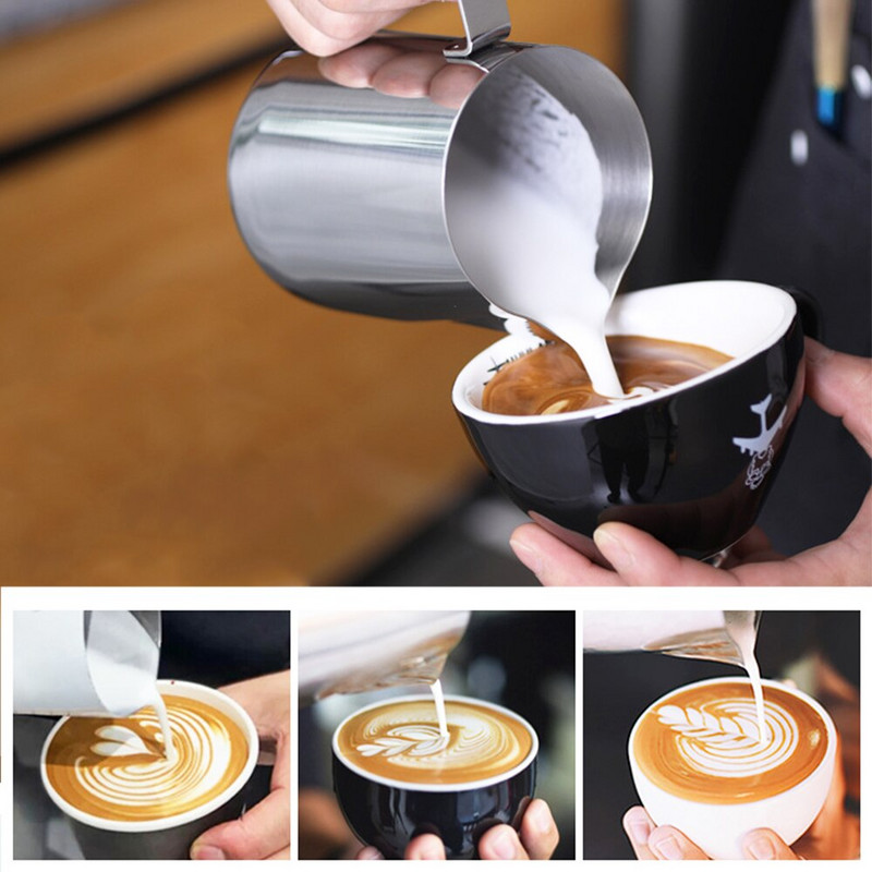 Rozsdamentes acél tejeskancsó mérleg habosító edénnyel Kávéscsésze edények Cappuccino kancsó tejhabosító Espresso Latte Art habosító edény
