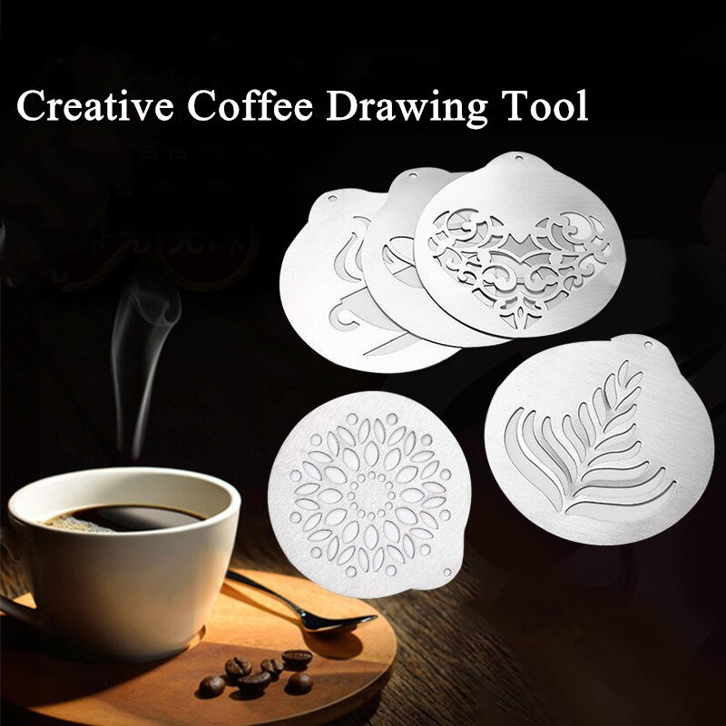 5бр. Комплект шаблони за кафе от неръждаема стомана Barista Cappuccino Latte Arts Templates Coffee Pull Flower Mold Кухненски инструмент за кафе