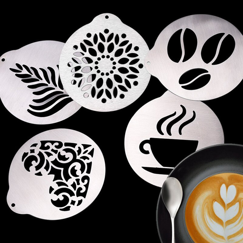 5бр. Комплект шаблони за кафе от неръждаема стомана Barista Cappuccino Latte Arts Templates Coffee Pull Flower Mold Кухненски инструмент за кафе