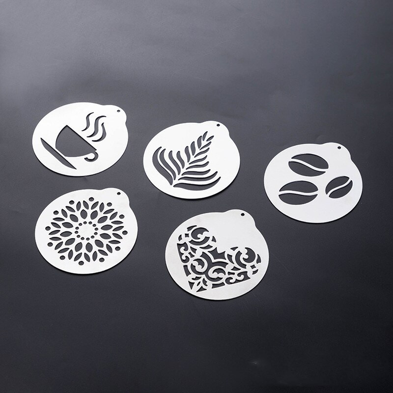 5бр. Комплект шаблони за кафе от неръждаема стомана Barista Cappuccino Latte Arts Templates Coffee Pull Flower Mold Кухненски инструмент за кафе